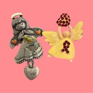Angel Brooch Set with Heart and Gem Accents